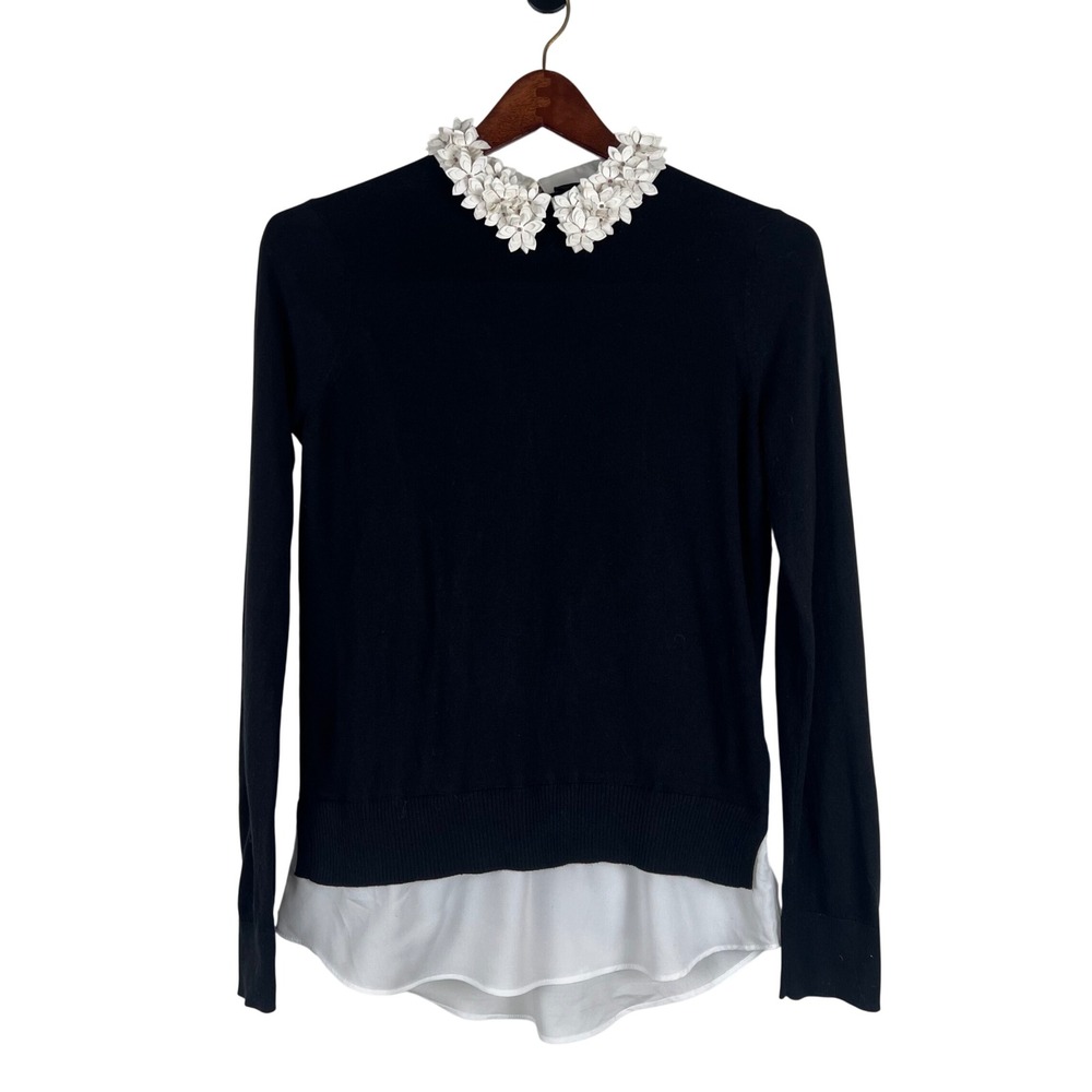 Ted Baker London Black 2-in-1 Layered Sweater 3D Floral Embellished Collar 0 XS